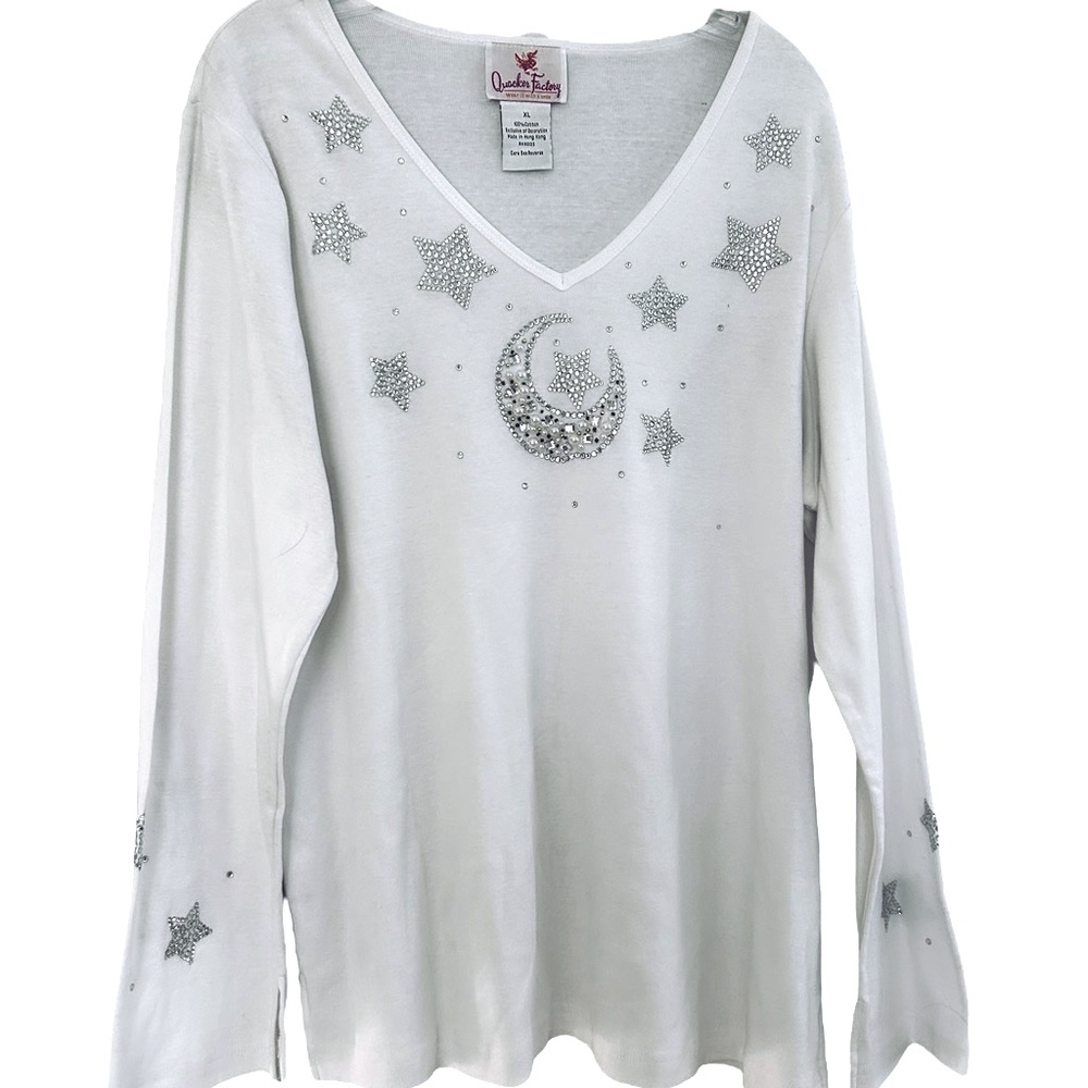 Celestial Top moon stars rhinestones VNeck long bell sleeves white XL